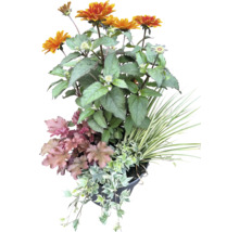 Blumenarrangement mit Rudbeckien, Purpurglöckchen, Efeu und Ziergräsern in einem Topf