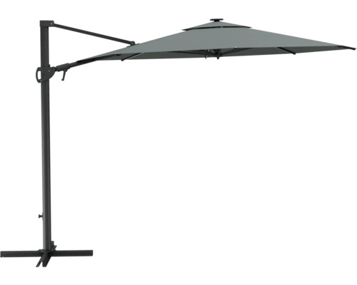 LED Ampelschirm SOLUNA Chambéry Sonnenschirm Ø 300 cm grau mit UV-Schutz 80, wetterfeste Polyesterbespannung, leichte Aufspannung per Kurbel, Dreh und Neigfunktion, LED-Beleuchtung integriert Freiarm-Sonnenschirm mit Mast und Schirm