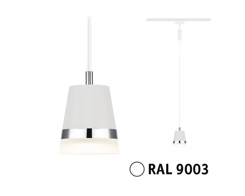 Pendelleuchte mit weißem Lampenschirm und Chromdetails