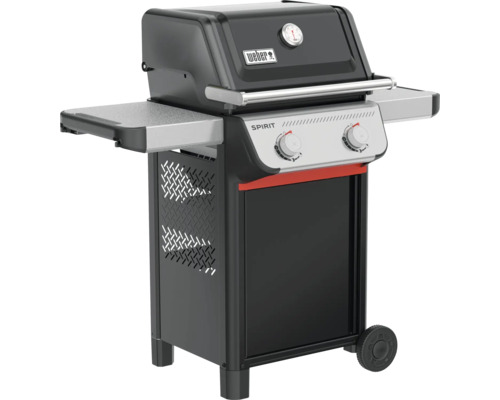 Weber Spirit Gasgrill mit zwei Brennern, Thermometer im Deckel und Seitentischen.