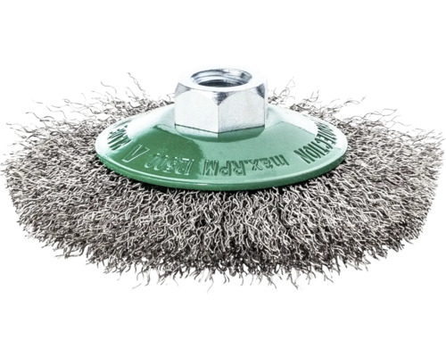 Kegelbürsten Lessmann Ø 100 x 10 mm, Stahldraht rostfrei ROF gew. 0,30 mm, Gew. M 14 Drahtbürste für Bohrmaschinen oder Winkelschleifer