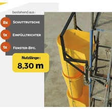 Bauschuttrutsche mit acht Rutschen, einem Trichter und Fensterbefestigung mit einer Nutzlänge von 8,30 Meter.