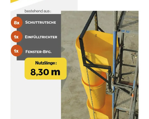 Bauschuttrutsche mit acht Rutschen, einem Trichter und Fensterbefestigung mit einer Nutzlänge von 8,30 Meter.