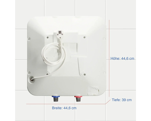 Rückansicht eines weißen Warmwasserbereiters mit den Maßen 44,6 x 44,6 x 39 cm