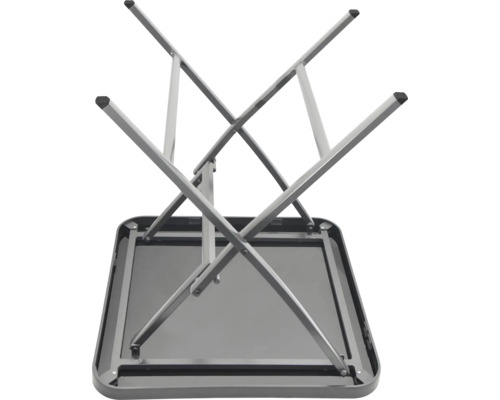 Unteransicht eines grauen Klapptisches mit Metallgestell