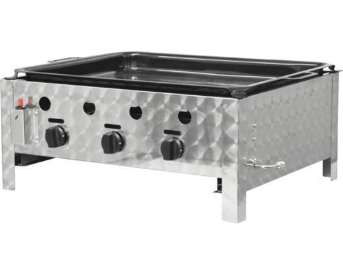 Grillstation aus Metall mit drei Reglern und Auffangwanne