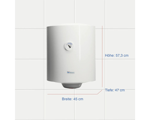 Elektrischer Warmwasserspeicher mit den Maßen 57,3 cm Höhe, 45 cm Breite und 47 cm Tiefe