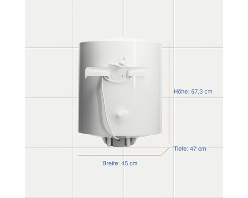 Weißer Warmwasserspeicher mit Maßangaben: Höhe 57,3 cm, Breite 45 cm, Tiefe 47 cm.