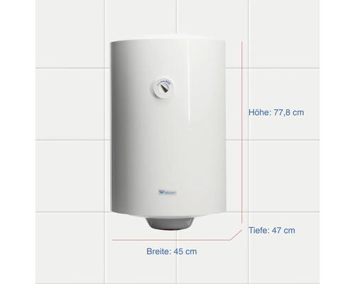 Warmwasserspeicher mit den Massen 77,8 cm Höhe, 45 cm Breite und 47 cm Tiefe.