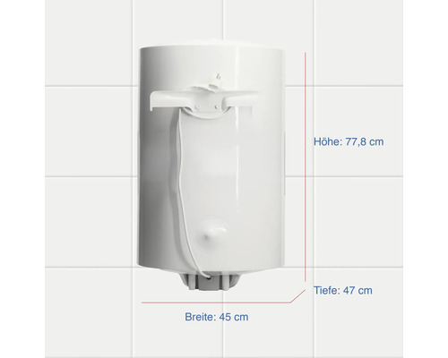 Warmwasserspeicher mit den Massangaben Höhe 77,8 cm, Breite 45 cm und Tiefe 47 cm.