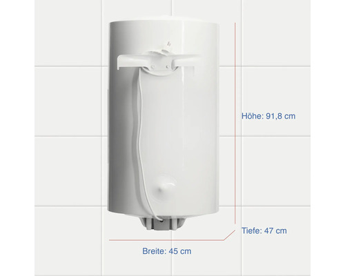 Warmwasserspeicher mit den Maßen Höhe 91,8 cm, Breite 45 cm und Tiefe 47 cm.