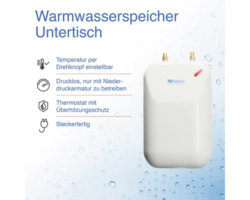 Warmwasserspeicher zur Untertischmontage mit Thermostat und Überhitzungsschutz. Regent Logo
