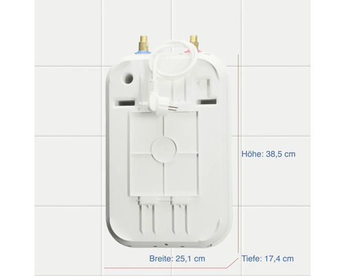 Unteransicht eines Warmwasserbereiters mit Maßangaben: Höhe 38,5 cm, Breite 25,1 cm, Tiefe 17,4 cm.