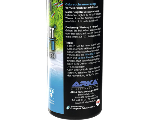 Arka Bakterienstarter-Flasche mit Dosierungsanleitung und Hinweisen zur Anwendung