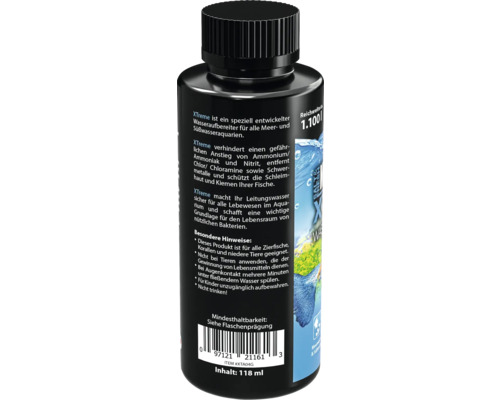 Wasseraufbereiter für Meer- und Süßwasseraquarien in schwarzer Flasche
