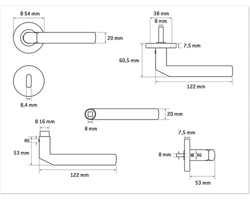 Technische Zeichnung eines Türdrückers mit Maßangaben
