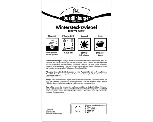 Wintersteckzwiebel Senshyu Yellow Verpackung mit Informationen zu Pflanzzeit, Pflanzabstand, Standort und Ernte