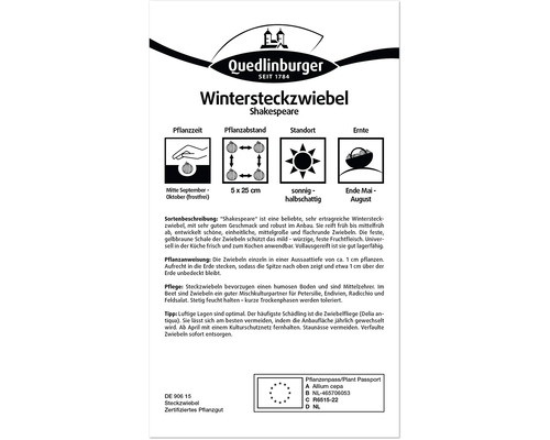 Verpackung Wintersteckzwiebel Shakespeare mit Informationen zu Pflanzzeit, Pflanzabstand, Standort und Erntezeitpunkt