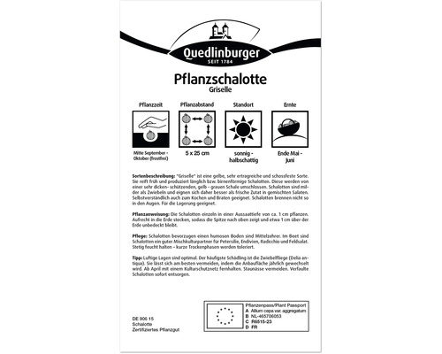 Verpackung Pflanzschalotte Griselle mit Informationen zu Pflanzzeit, Pflanzabstand, Standort und Ernte