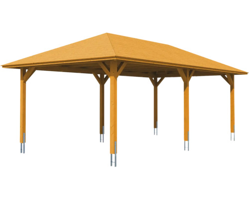 Holzpavillon mit rechteckigem Dach und Stützpfeilern