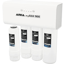 Osmoseanlage ARKA myAqua Umkehrosmoseanlage 1900® Optimale Leitungswasser-Aufbereitung, bis 1900 Liter am Tag = 1,3 Liter pro Minute, enthält Kohle-, Fein- und Membranfilter, funktioniert ohne Strom, ohne Chemie