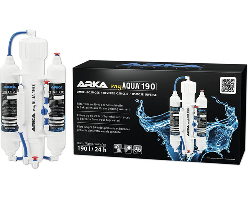 Osmoseanalge ARKA myAqua Umkehrosmoseanlage 190® optimale Leitungswasser-Aufbereitung, bis 190 Liter / Tag, enthält Kohle-, Fein- und Membranfilter, funktioniert ohne Strom, ohne Chemie