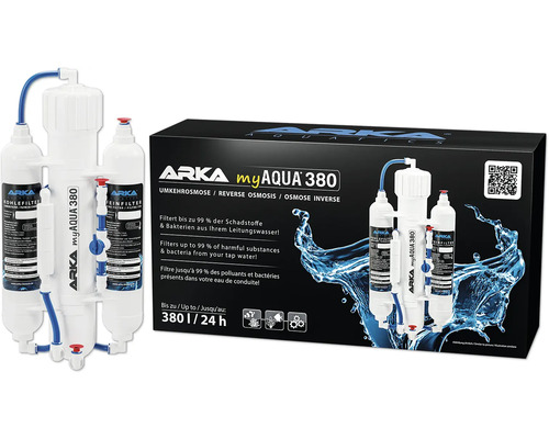 Osmoseanalge ARKA myAqua Umkehrosmoseanlage 380® optimale Leitungswasser-Aufbereitung, bis 380 Liter / Tag, enthält Kohle-, Fein- und Membranfilter, funktioniert ohne Strom, ohne Chemie