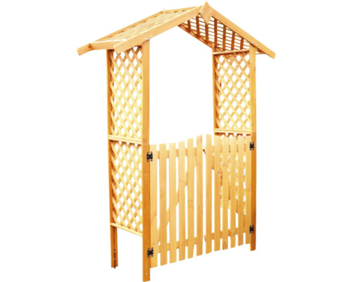 Gartentor aus Holz mit Rankgitter und Dach