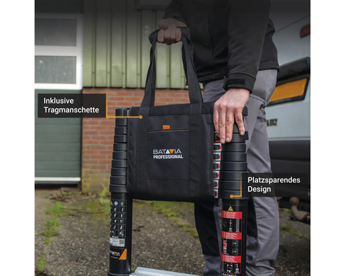 Person trägt eine Teleskopleiter mit Tragetasche der Marke Batavia.