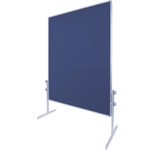 Freistehende, blaue Bürowand mit silberfarbenem Rahmen und Füßen.