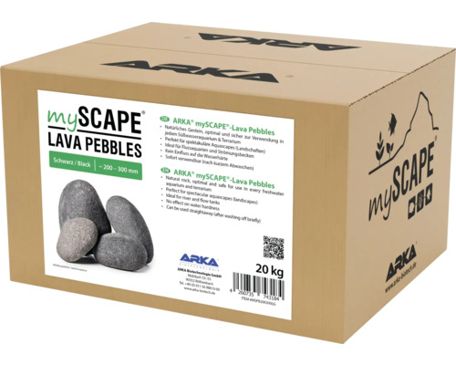 Karton mit ARKA mySCAPE Lava Pebbles Steinen in Schwarz, Größe circa 200 bis 300 Millimeter