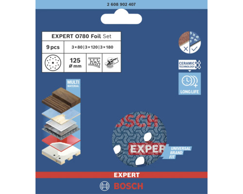 Bosch Expert 0780 Folienset, 9-teilig, Korngrößen 80, 120 und 180, Durchmesser 125 mm