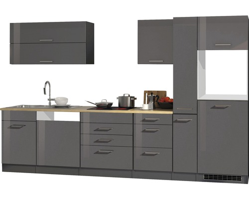 Held Möbel Küchenzeile Mailand 330 cm Frontfarbe grau hochglanz Korpusfarbe graphit zerlegt