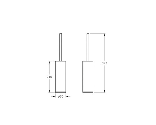 Technische Zeichnung einer Toilettenbürste mit den Maßen 70 mm Durchmesser und 397 mm Höhe.