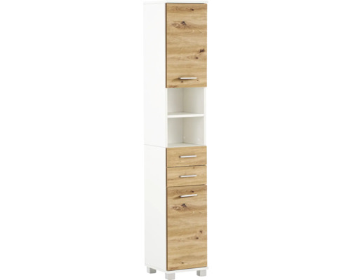 Hochschrank Möbelpartner Palermo BxHxT 30.3x180.9x32.6 cm artisan eiche/weiß Hochschrank mit Tür, Schubladen und offenem Fach für das Badezimmer