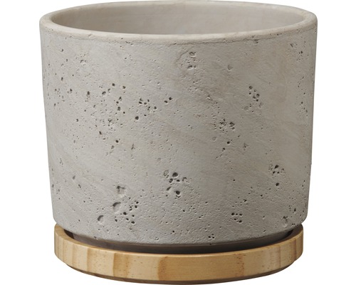 Übertopf Paros Deluxe Ø 14 cm H 13 cm hellgrau Blumentopf aus Beton mit Untersetzer aus Bambus
