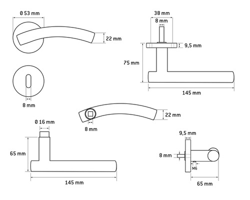 Technische Zeichnung eines Türdrückers mit Maßangaben