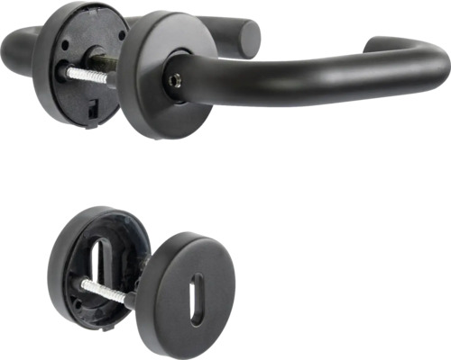 Schwarze Türklinke aus Metall mit Schrauben zur Befestigung