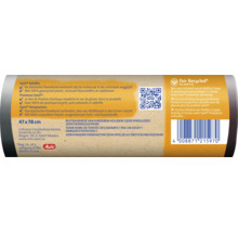 Informationen zu Swirl Müllbeuteln: elastisches Fixierband, 100 Prozent recyceltes Plastik, Größe 47 x 78 cm, Fair Recycled Plastic Siegel, Melitta Logo