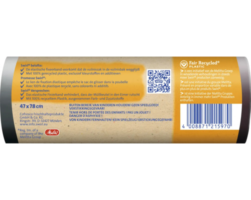 Informationen zu Swirl Müllbeuteln: elastisches Fixierband, 100 Prozent recyceltes Plastik, Größe 47 x 78 cm, Fair Recycled Plastic Siegel, Melitta Logo