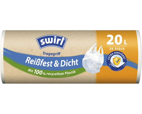 Müllbeutel Swirl mit Tragegriff 20 l 20 Stück Swirl Tragetaschen mit Tragegriff, 20 Liter, 20 Stück, aus 100 Prozent recyceltem Plastik, reißfest und dicht