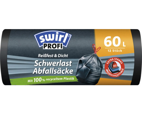 Schwerlast Abfallsäcke Swirl 60 l 12 Stück Swirl Profi Schwerlast Müllsäcke, 60 Liter, 12 Stück, aus 100 Prozent recyceltem Kunststoff
