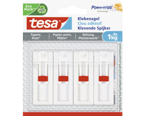 Tesa Klebenägel für Tapete und Putz, 4 Stück, Tragkraft je Nagel 1 Kilogramm