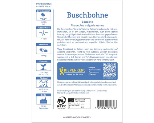 Buschbohnen Samen der Sorte Sonesta, Hinweise zu Aussaat, Standort, Keimung und Abstand, Kiepenkerl Logo, PEFC Siegel