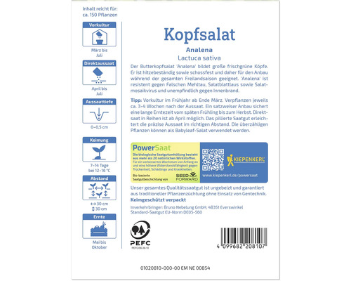 Kopfsalat Analena Saatgutpackung mit Informationen zu Aussaat und Ernte