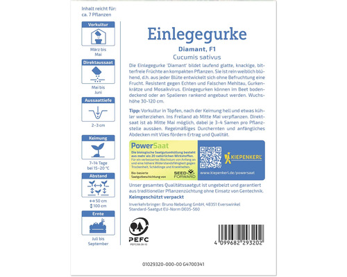 Samenpackung Einlegegurke Diamant F1, Anbauhinweise und Erntezeitraum