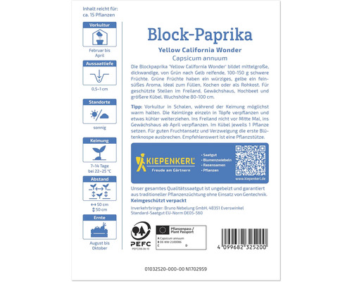 Samenpackung Blockpaprika Yellow California Wonder Capsicum annuum