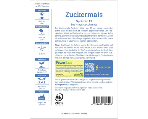 Samenpackung Zuckermais Sorte Sprinter F1 mit Informationen zu Vorkultur, Direktsaat, Aussaattiefe, Keimung, Abstand und Erntezeitraum