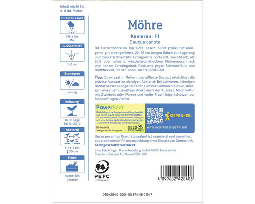 Möhren-Saatgut der Sorte Kamaran F1 für die Aussaat von März bis Mai und die Ernte von August bis Oktober