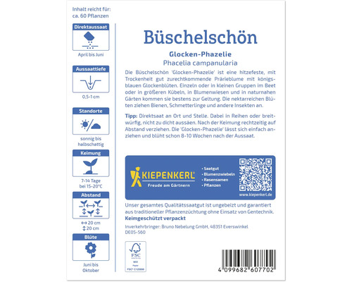Samenpackung Büschelschön Glocken-Phazelie mit Informationen zu Aussaat, Standort und Blütezeit